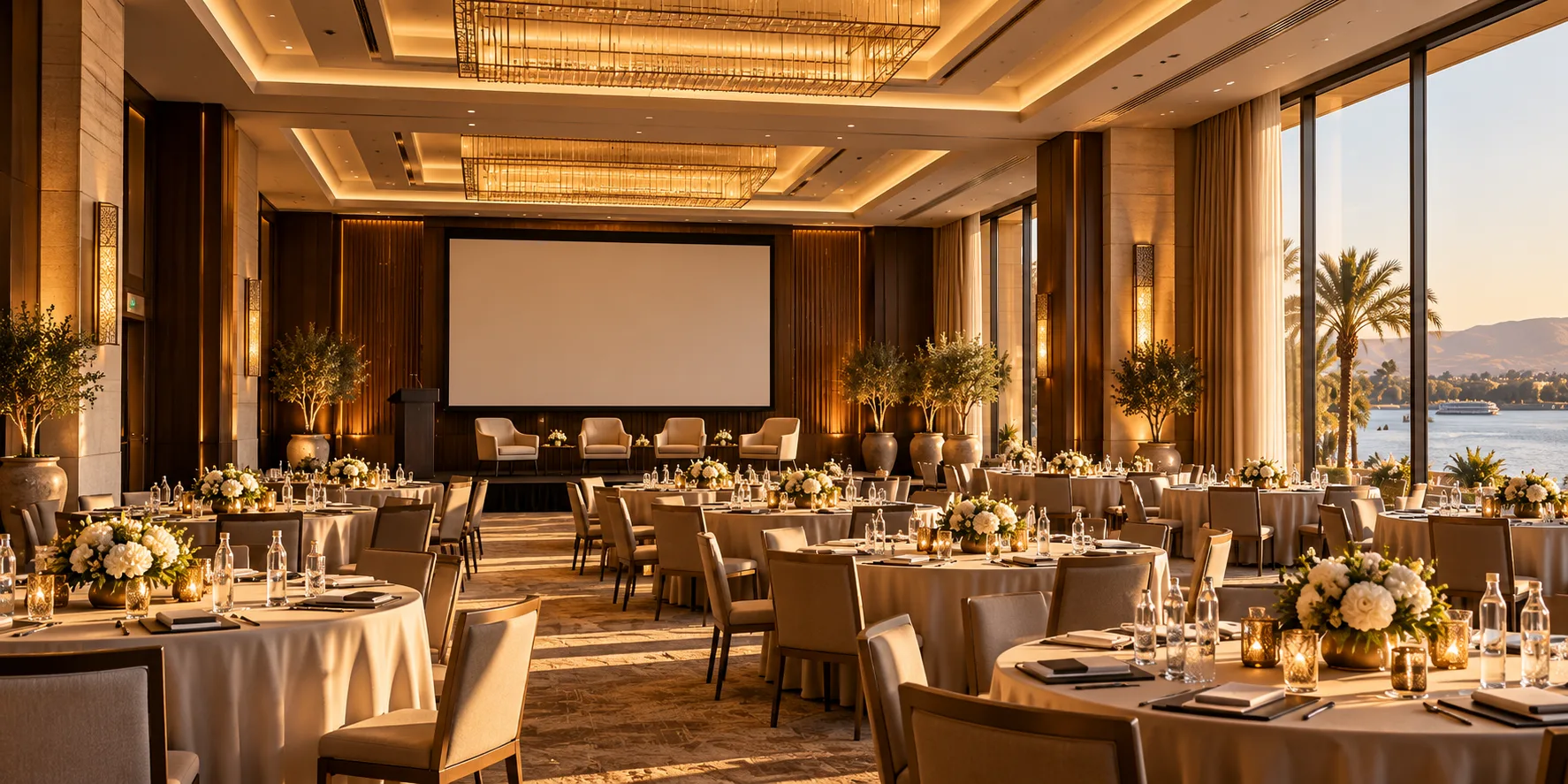 A conference hall set with round tables facing a stage and screen, tall windows onto the Nile in evening light