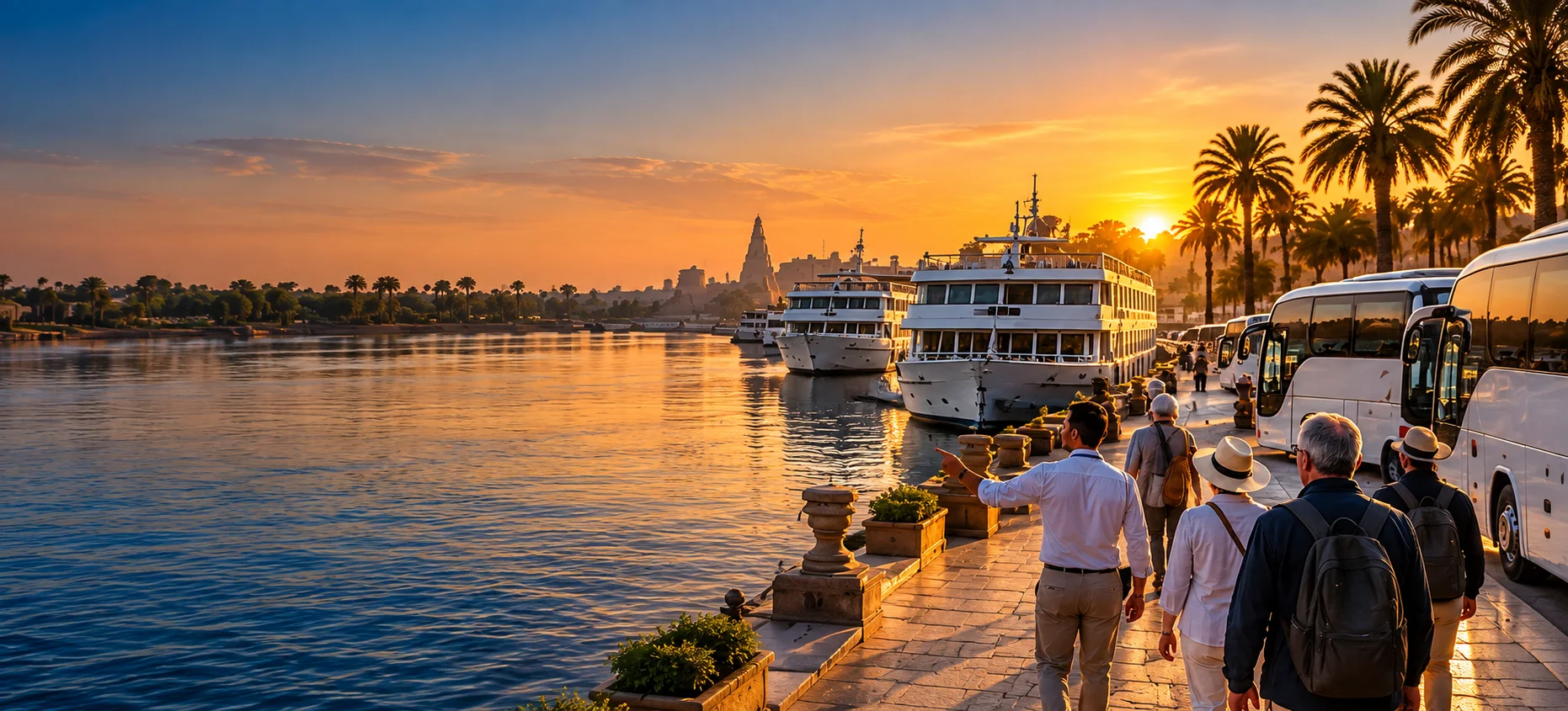 A guide leading a small group along a Nile quay at sunset, river cruise ships moored ahead and coaches waiting alongside