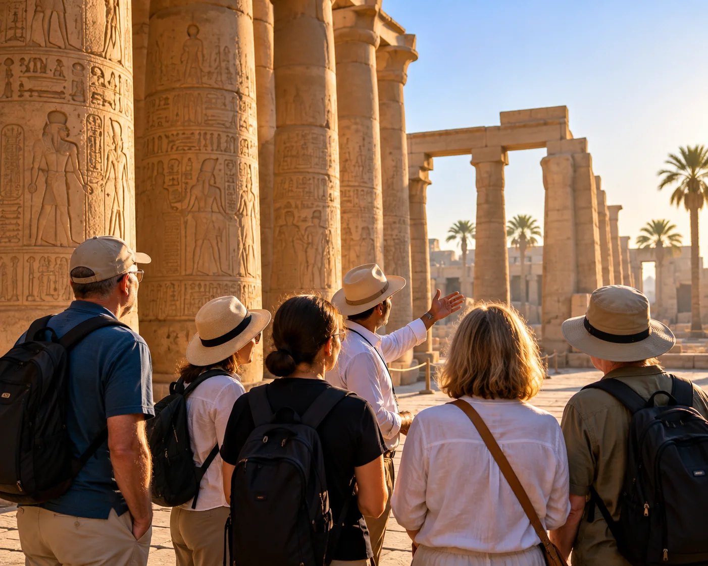 A guide in a hat gesturing towards carved temple columns as he speaks to a small group of travellers in early light