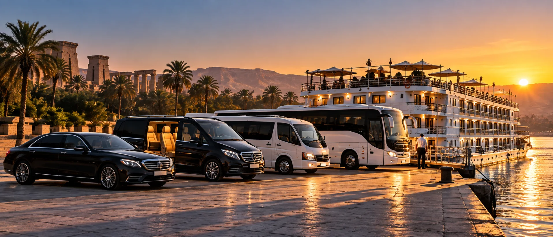 A sedan, two vans and a full-size coach parked along a Nile quay beside a river cruise ship at sunset
