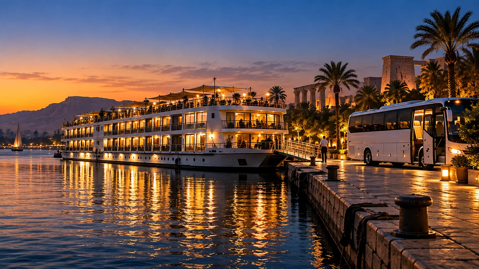 A river cruise ship moored at a Nile quay at dusk, its decks lit, with a coach waiting on the quayside