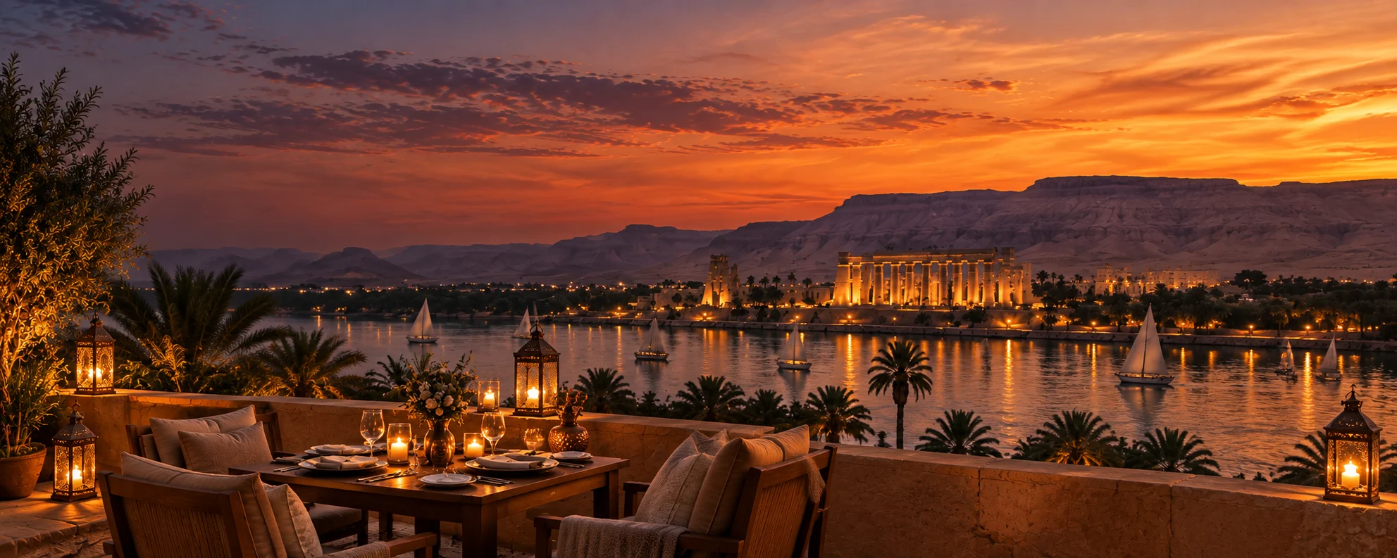 A lantern-lit terrace table set for dinner above the Nile at dusk, sailing boats on the water and a floodlit temple on the far bank