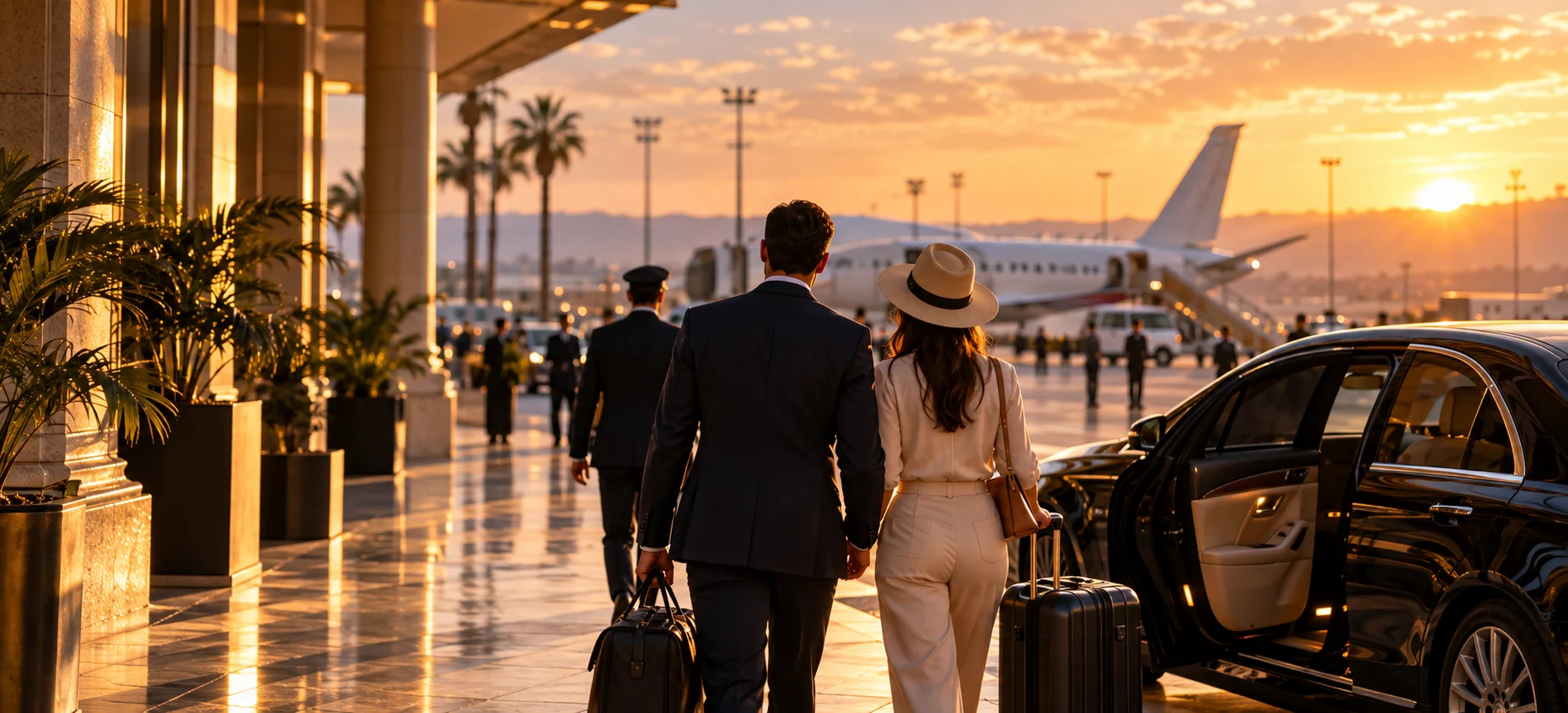 Two travellers walking with their luggage from the terminal to a waiting car at sunset, a uniformed driver ahead and an aircraft on the apron behind