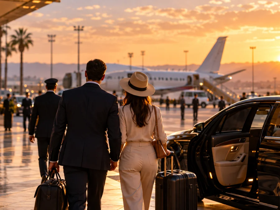 Two travellers walking with their luggage to a waiting car outside the airport terminal at sunset