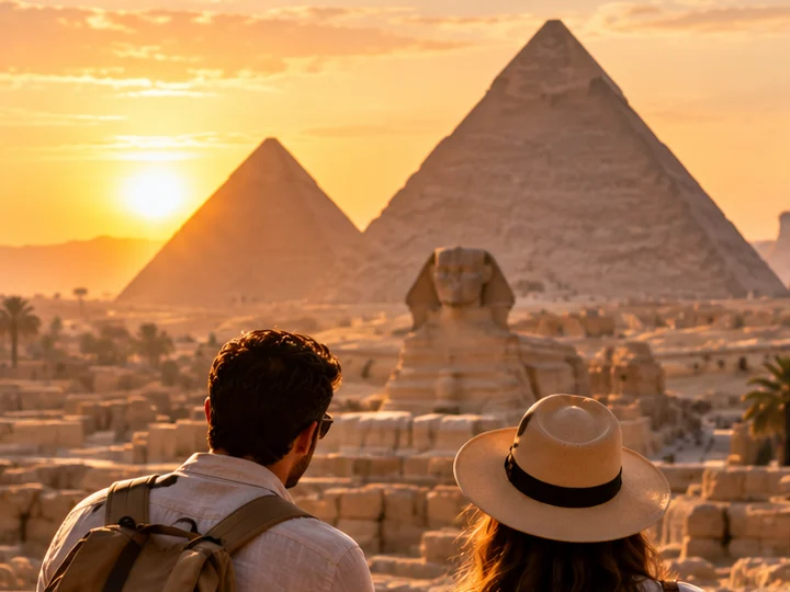 Two travellers looking out at the Sphinx and the Pyramids of Giza at sunset