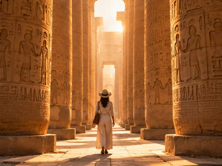 A traveller walking between tall carved temple columns in low sunlight