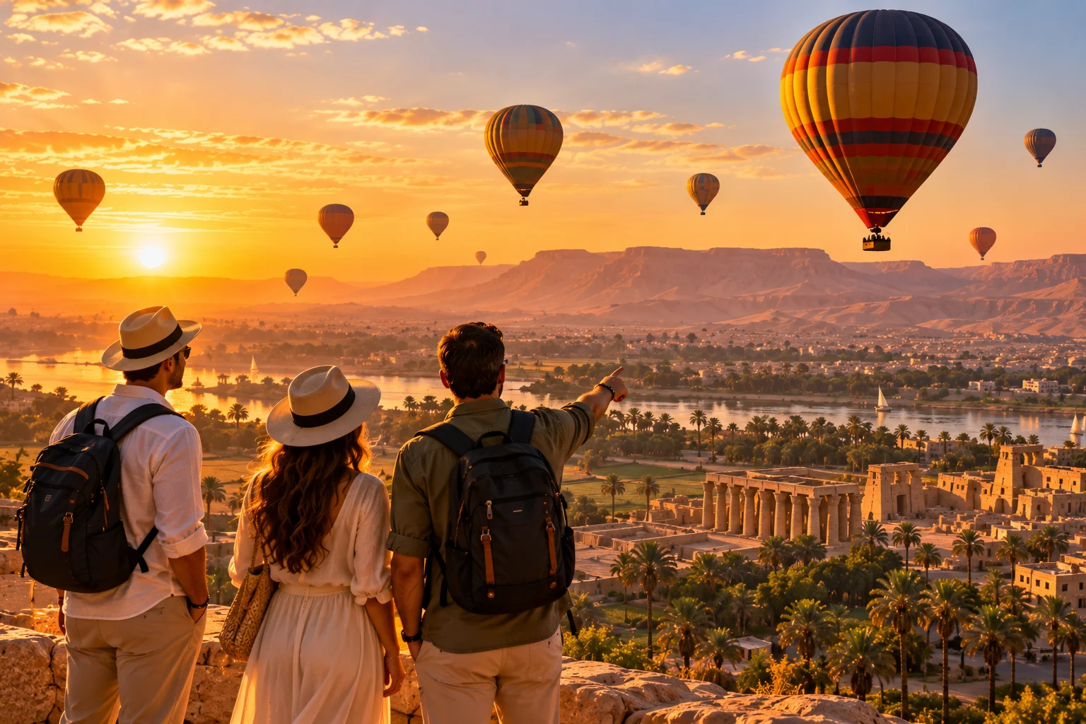 Three travellers watching hot-air balloons rise over the Nile valley at sunrise