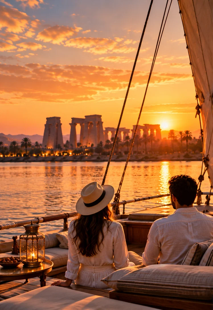 Two travellers on the cushioned deck of a sailing boat on the Nile at sunset, a temple on the far bank