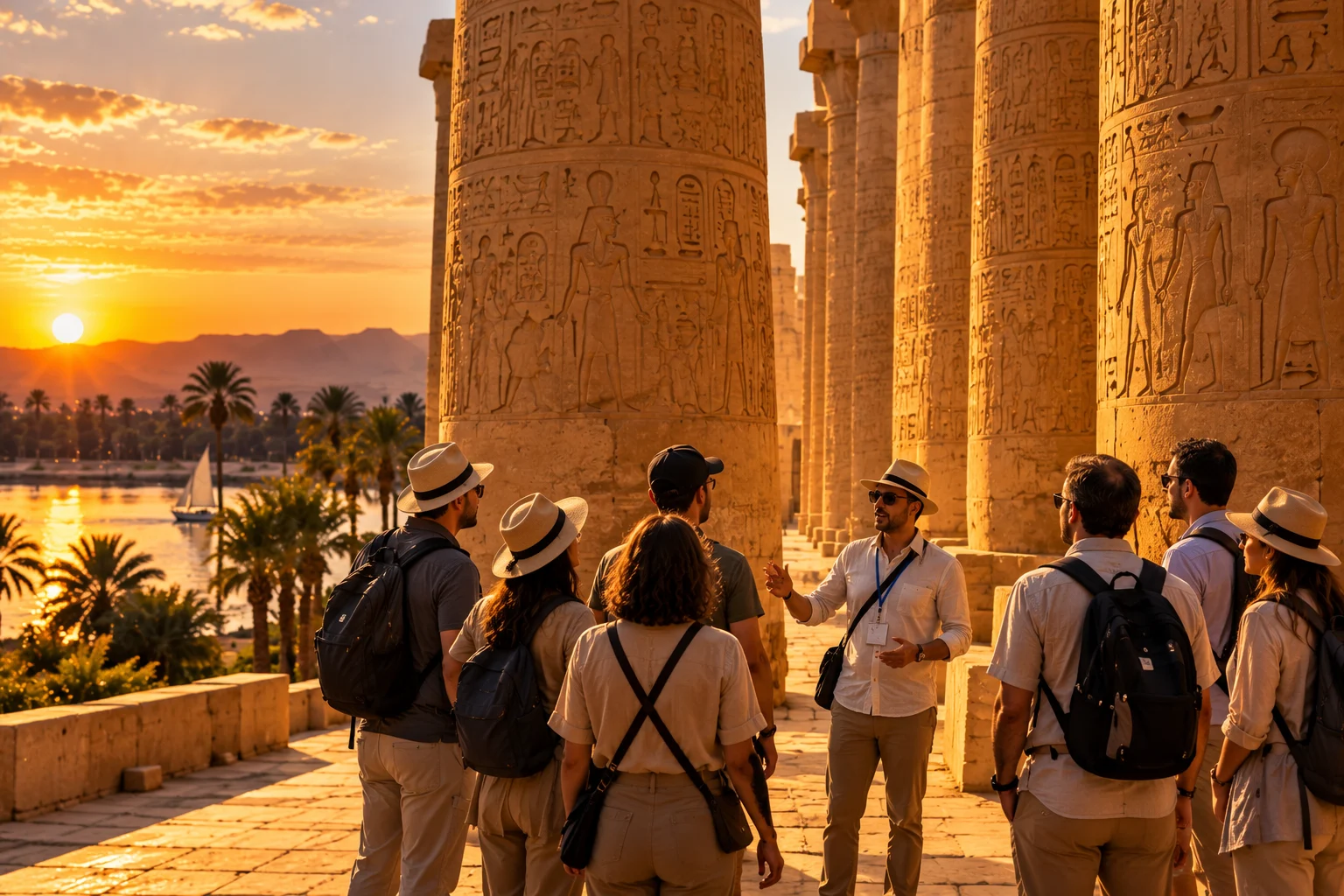 A guide talking with a small group of travellers among carved temple columns, the Nile behind them at sunset