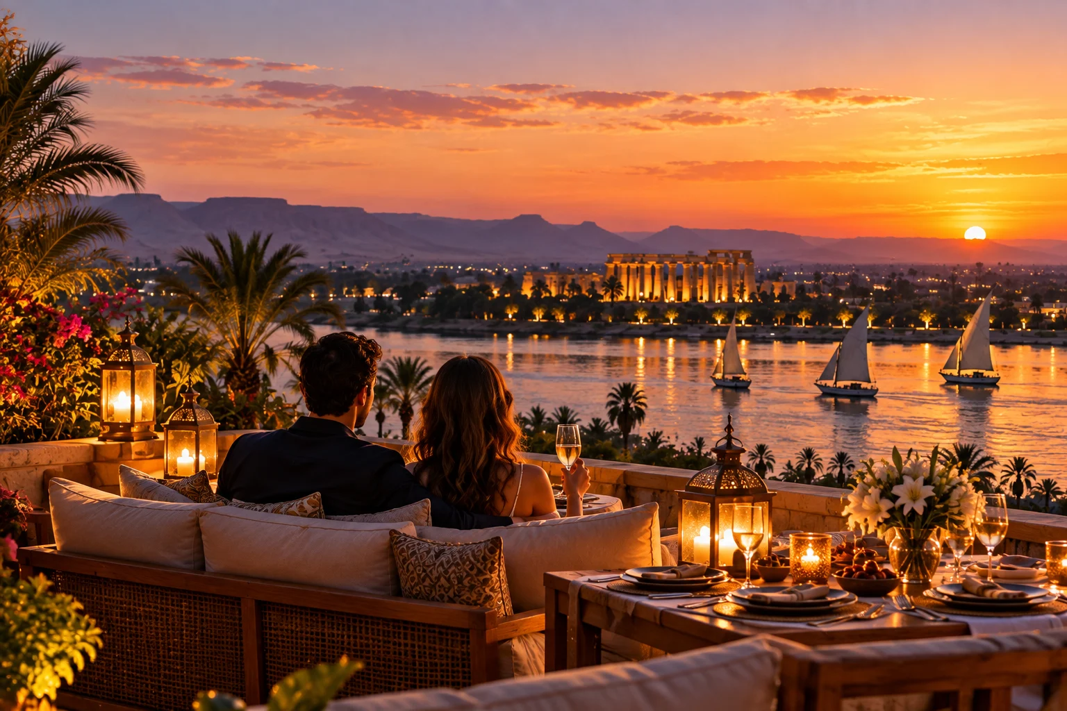 A couple on a terrace sofa watching the sun set over the Nile, a floodlit temple on the far bank