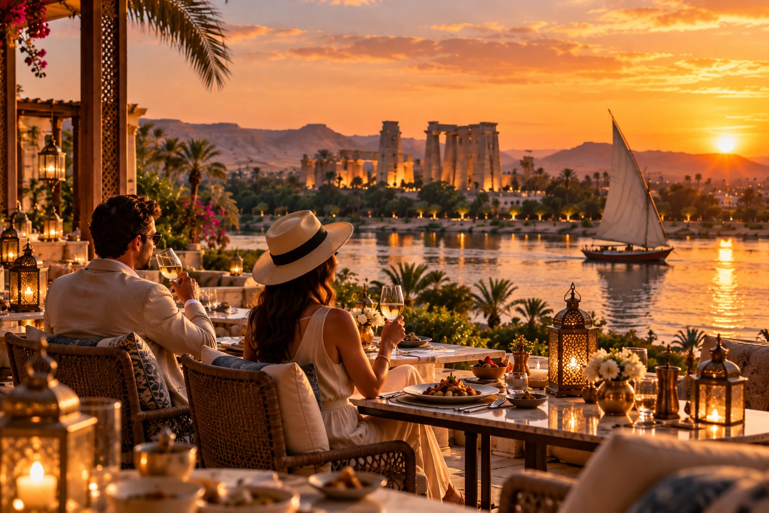 A couple with glasses of wine at a lantern-lit terrace table above the Nile at sunset
