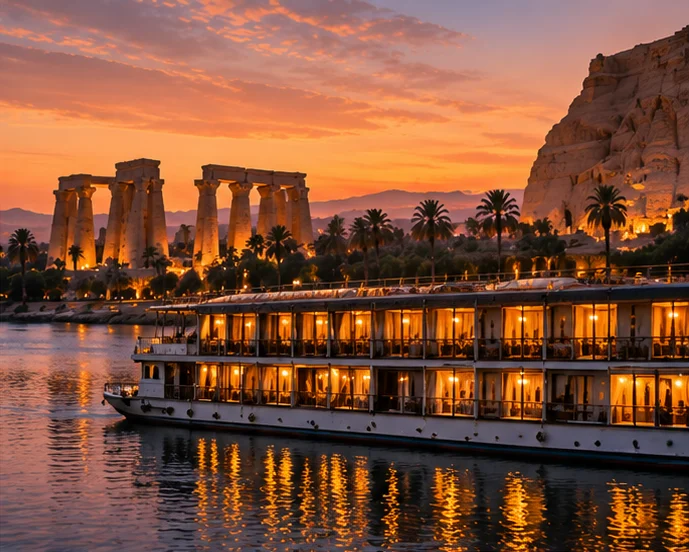 A Nile cruise ship lit at dusk, temple columns and palms on the bank behind it