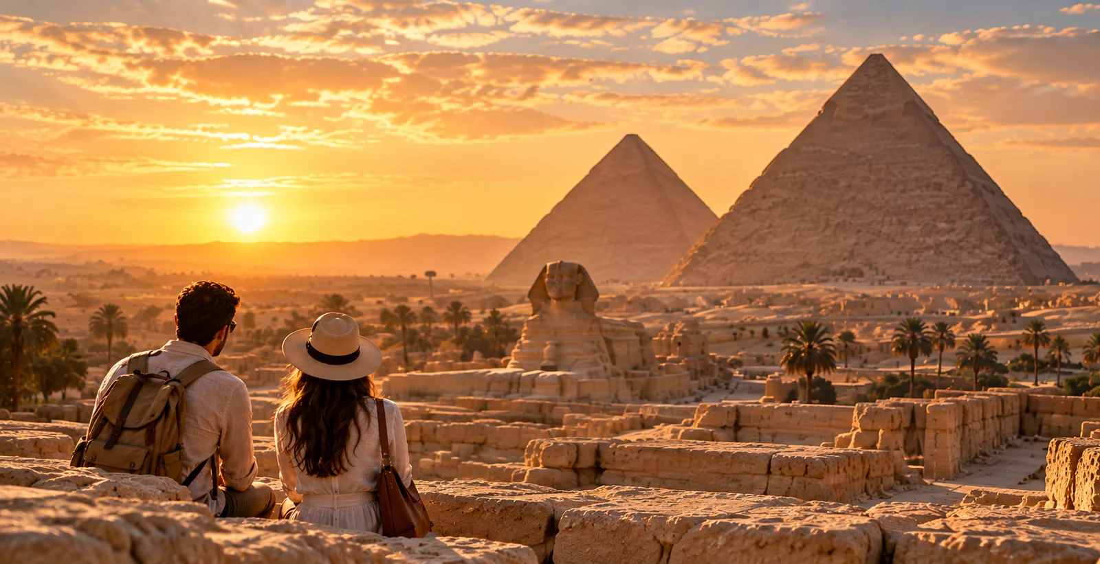 Two travellers seated on old stone walls facing the Sphinx and the Pyramids of Giza at sunset