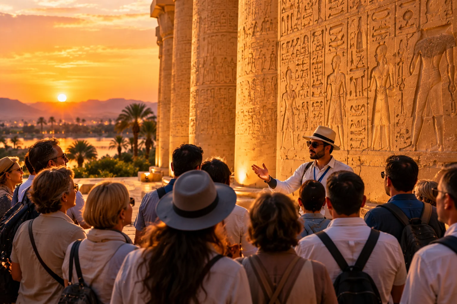 A guide explaining carved wall reliefs to a group at a temple at sunset