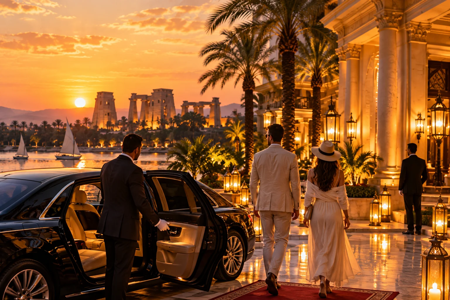 A chauffeur holding a car door open at a lantern-lit hotel entrance as two guests walk in, the Nile and a temple behind