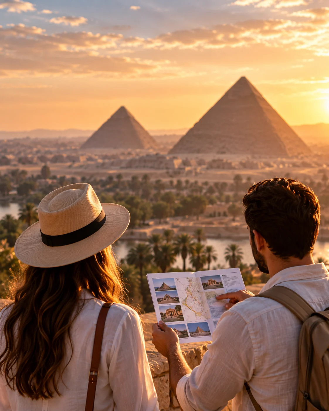 Two travellers reading a printed itinerary on a terrace above the palms, the Pyramids of Giza beyond