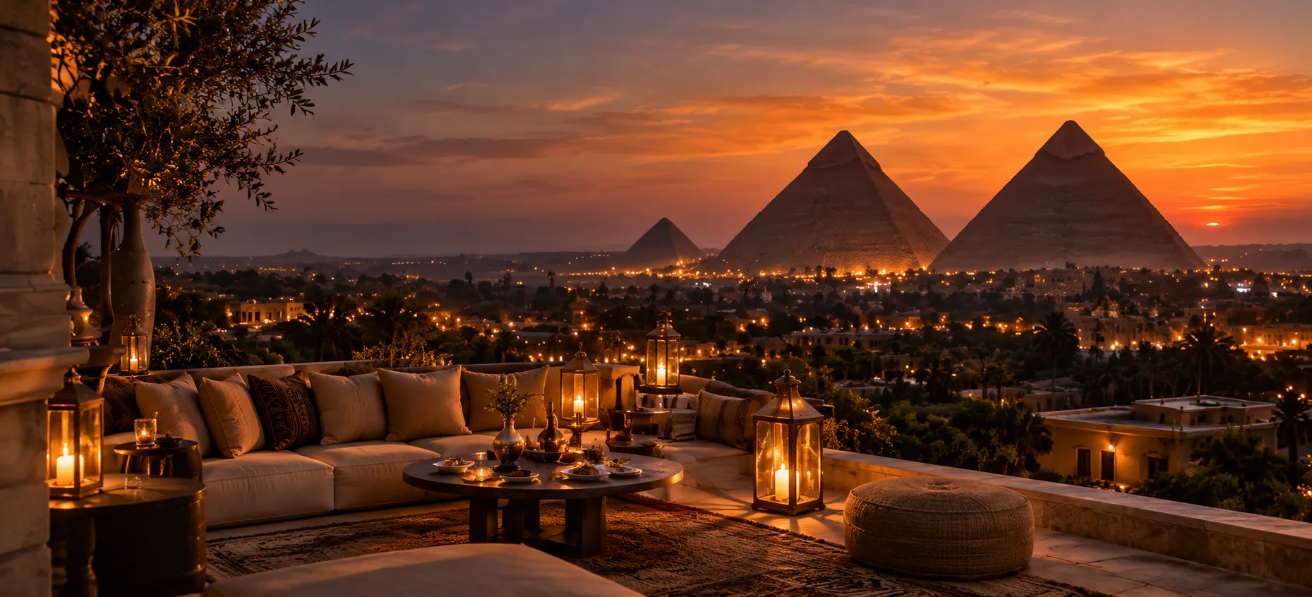 A lantern-lit terrace with low seating at dusk, the pyramids of Giza rising beyond the lights of the city