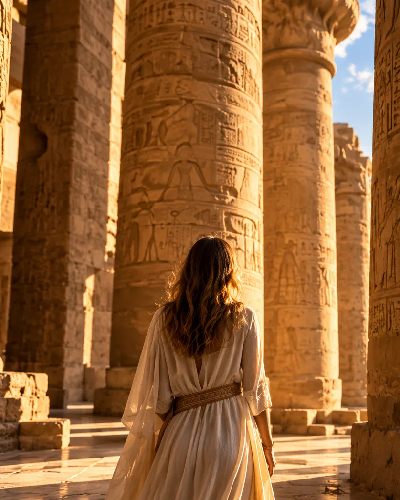 A traveller walking alone between carved temple columns in low golden light, the Nile beyond