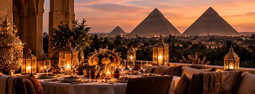 A candlelit table laid on a terrace at dusk, the pyramids of Giza beyond