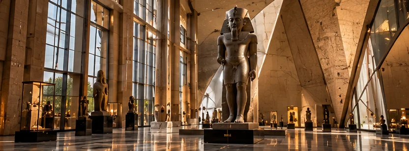 A colossal royal statue in a tall, sunlit museum hall with no visitors in view