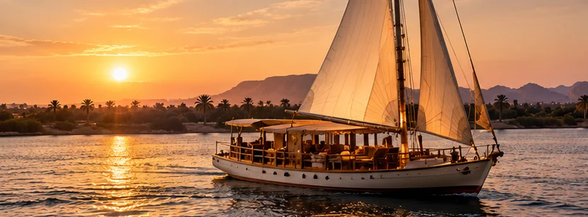 A two-masted dahabiya under sail on the Nile at sunset