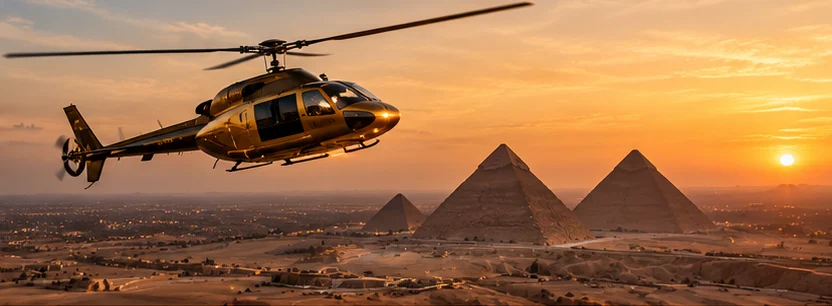 A helicopter in flight above the Giza pyramids at sunset