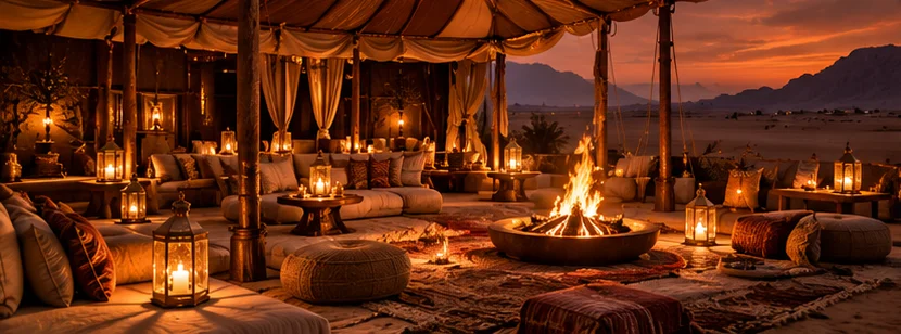 A private desert camp at dusk: low seating and lanterns around a fire under an open tent