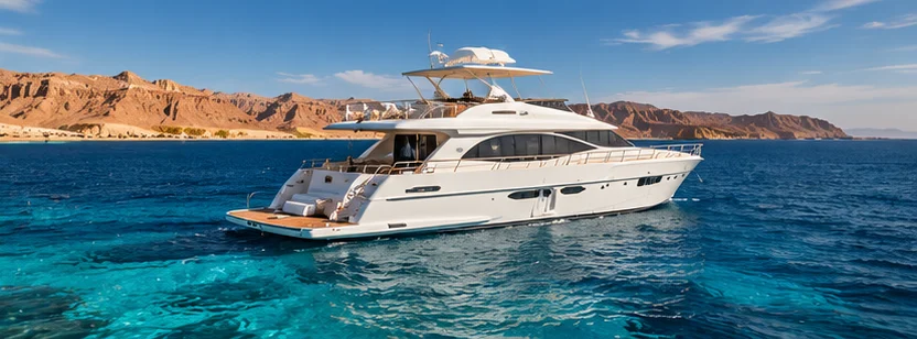 A motor yacht at anchor on clear Red Sea water, desert mountains along the shore