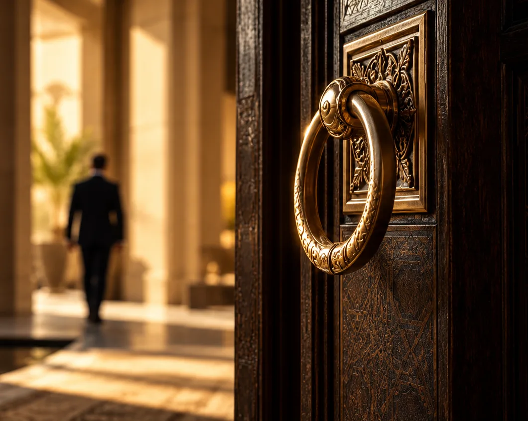 A carved wooden door with a brass ring handle, standing open onto a sunlit colonnade where a man in a dark suit walks away