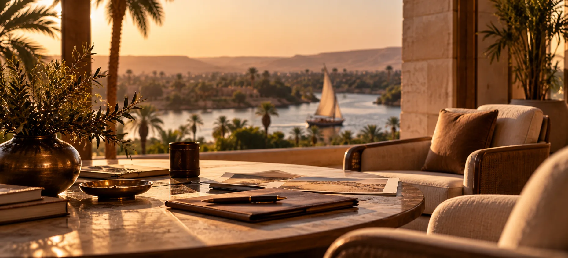 A desk with a leather folio and a pen on a shaded terrace, a felucca passing on the Nile beyond