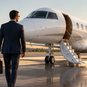A business traveller walking across the apron towards a private jet at dusk