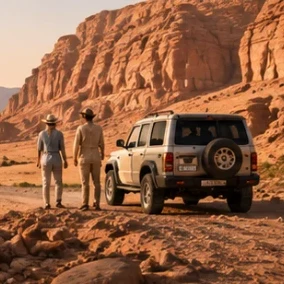 Two travellers beside a four-wheel-drive in a red-rock desert canyon