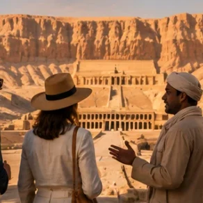 A guide leading a small group before the Temple of Hatshepsut at Deir el-Bahari