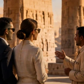 A Triways guide explaining temple reliefs to a couple among the columns