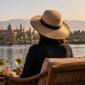 A traveller in a wide-brimmed hat at a private Nile-side table, a felucca passing