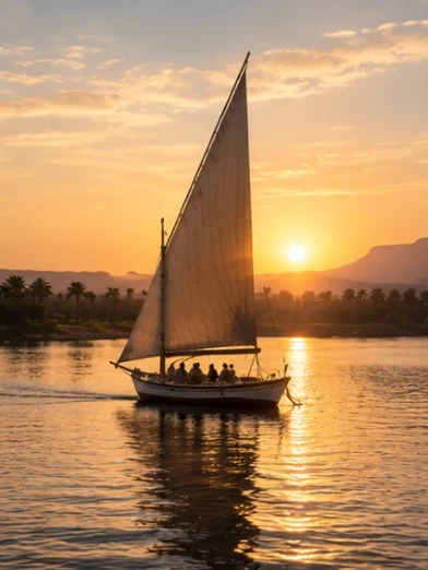 A sailing boat on the Nile at sunset, the river glowing gold