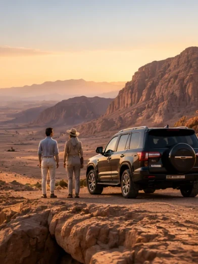Two travellers beside a four-wheel-drive on a desert ridge at golden hour