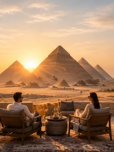Two travellers in lounge chairs on a private terrace facing the Pyramids of Giza at sunset