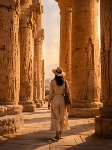 A traveller walking alone through a sunlit colonnade of carved temple columns