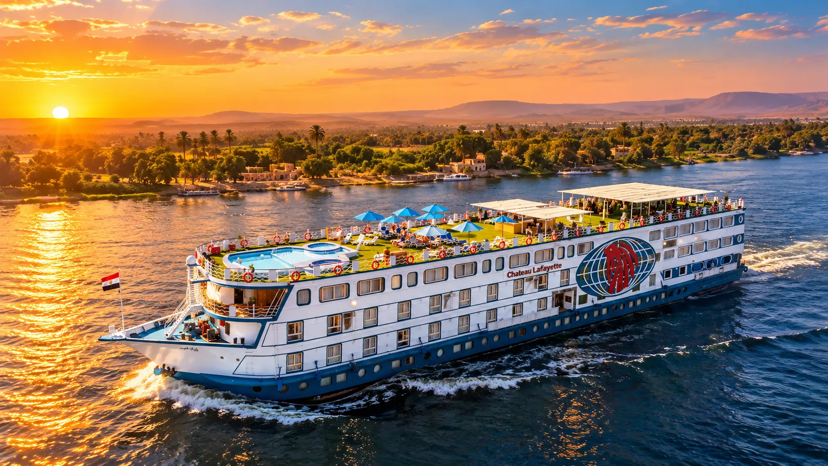 MS Chateau Lafayette sailing the Nile at sunset past palm-lined banks