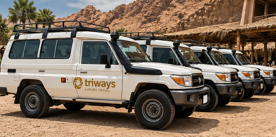 White Toyota Land Cruiser 4x4s in Triways livery parked before desert mountains