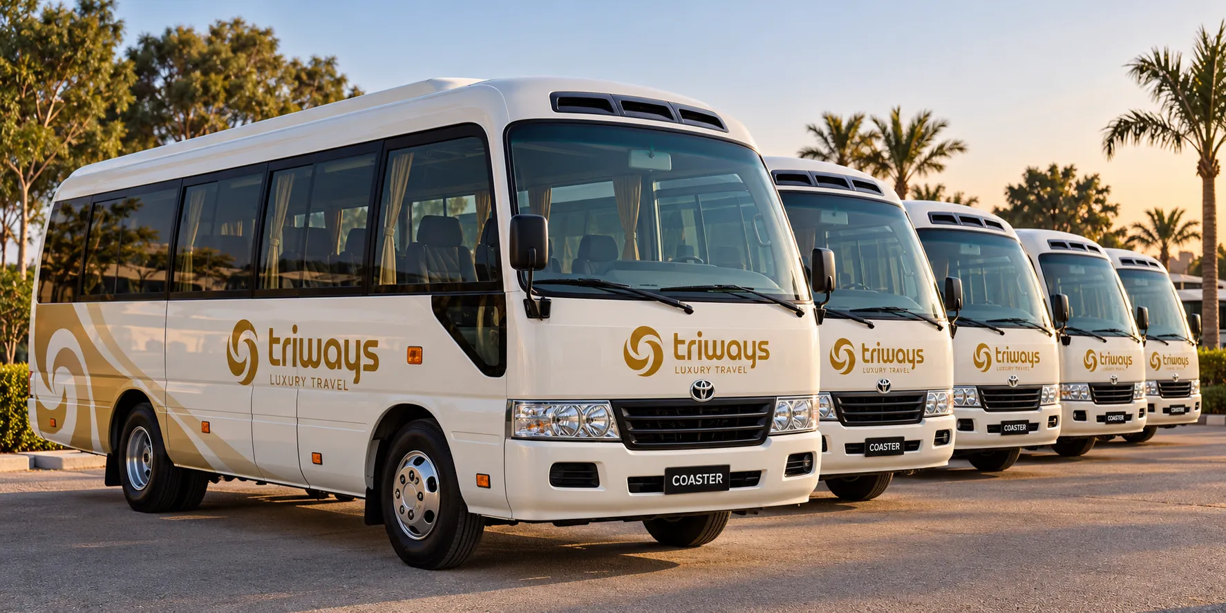 White Toyota Coaster minibuses in Triways livery lined up beneath palm trees at sunset