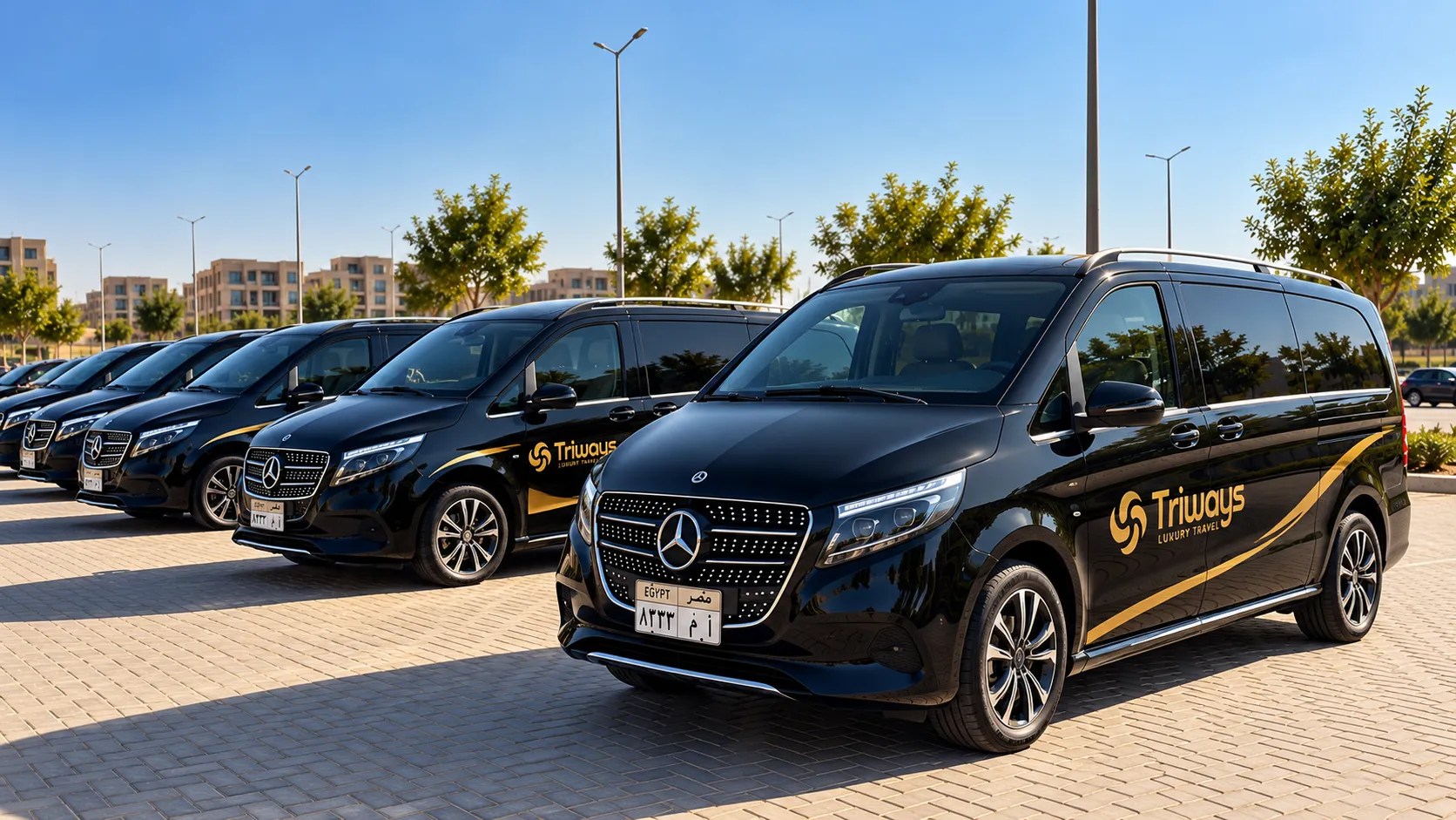 Black Mercedes-Benz V-Class vans in Triways livery parked in a row