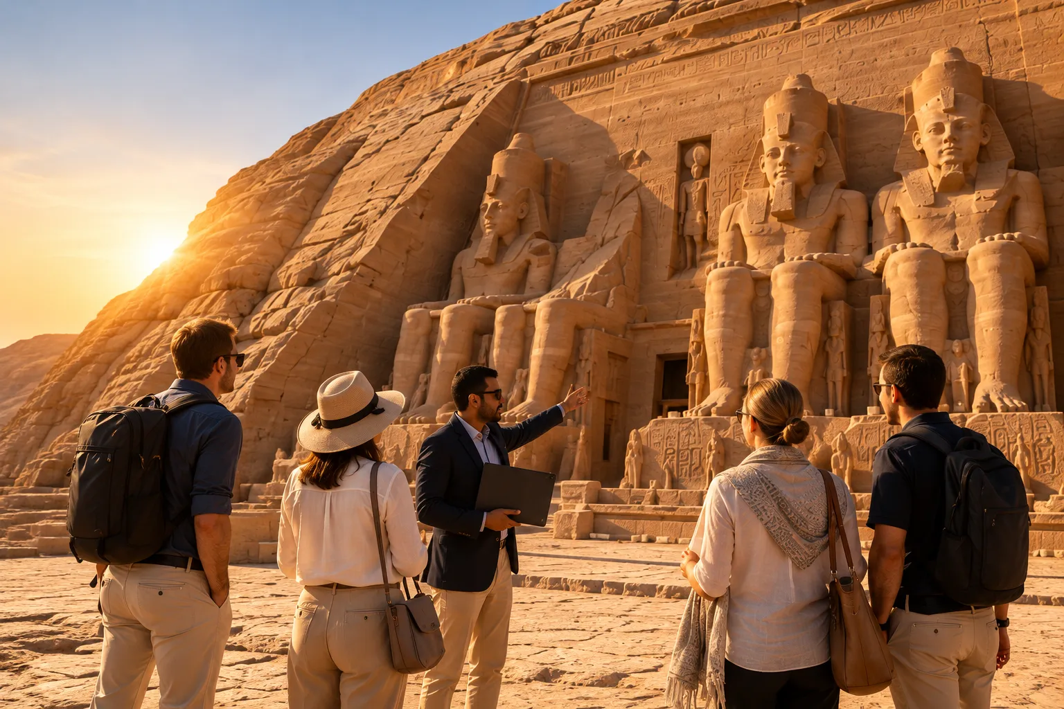 A guide points out the colossal statues of Abu Simbel to a small group of travellers at sunset