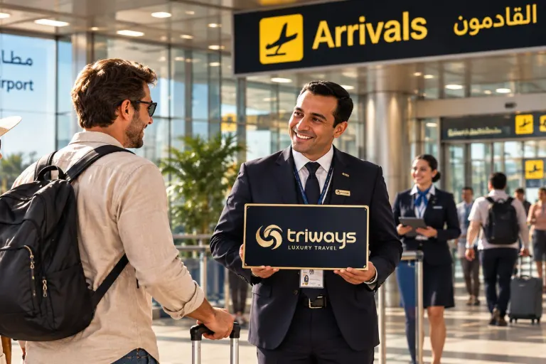A Triways representative meeting travellers in the arrivals hall at Cairo airport