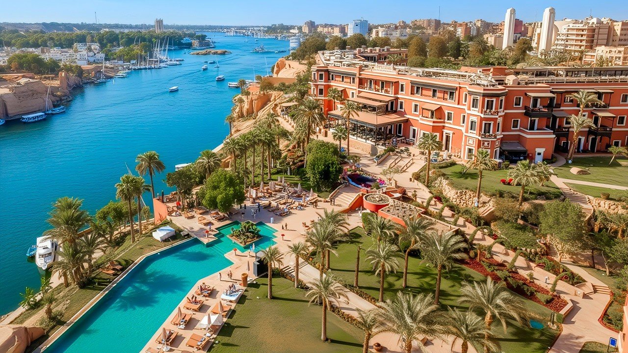 Aerial view of the Old Cataract hotel above the Nile at Aswan