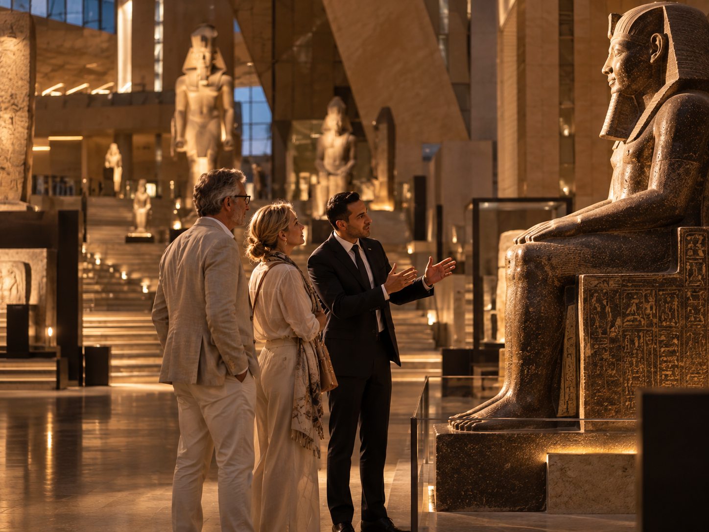 A guide showing two guests a seated pharaonic statue in a softly lit museum hall