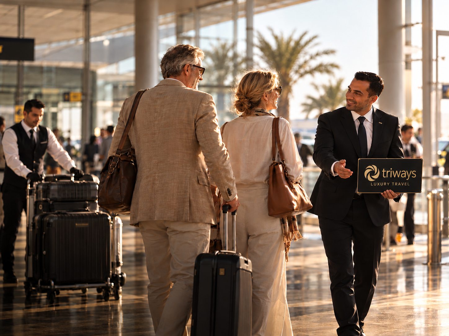 A Triways representative holding a Triways sign welcomes two travellers in the airport arrivals hall as a porter follows with their luggage