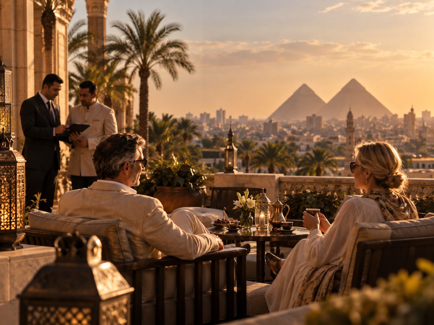 Two guests taking tea on a Cairo terrace at golden hour, the Pyramids of Giza on the horizon, as their host confers with staff behind them