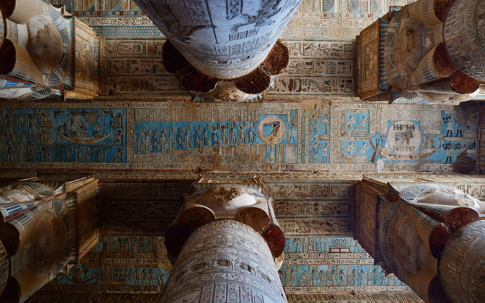 The painted astronomical ceiling and column capitals of the Temple of Dendera